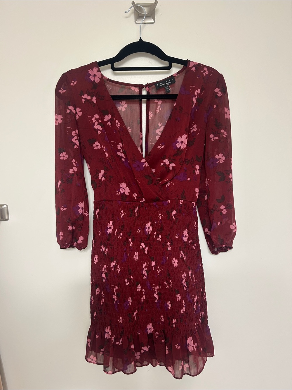 Trixxi Women's Floral V-Neck Burgundy Dress | Women's Long Sleeve Dress